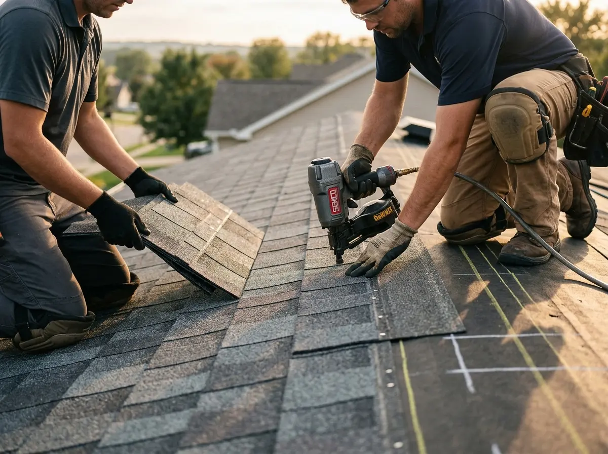 Professional roofer working on a residential roof in Grandview
